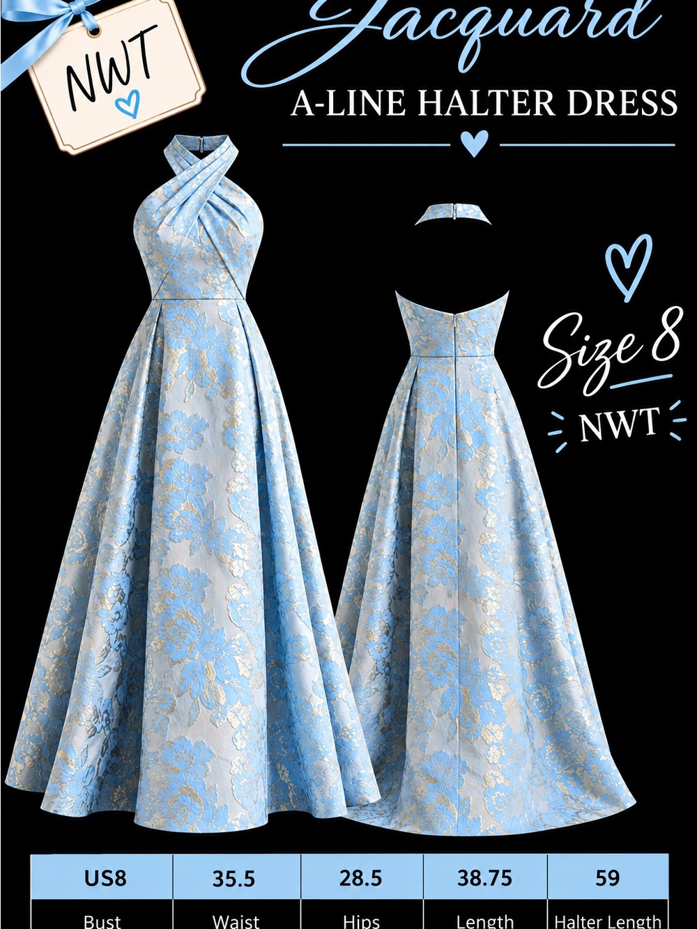 Jacquard A-Line Halter Dress in Light Blue & Gold by Gracins Size 8 NWT